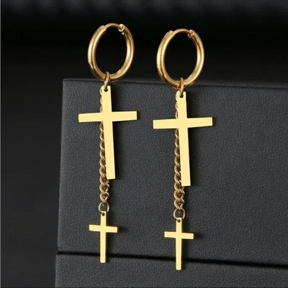 ⭐️ #24A New Gold or Silver Cross Dangle Hoop Earrings - Picture 7 of 10